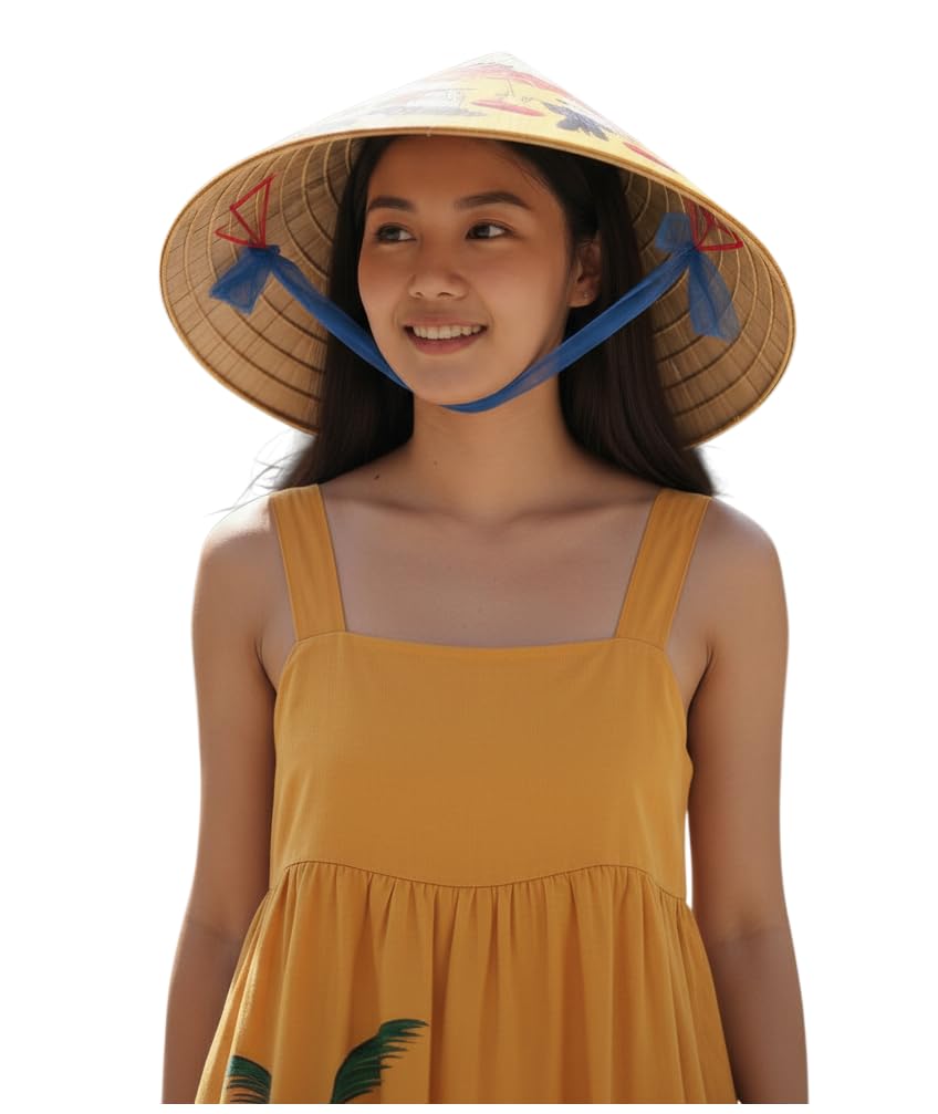 Terrapin Trading Genuine Vietnamese Non La - Hand Painted Conical Bamboo Hat - Traditional Design - 40cm Diameter - Includes Chin Strap