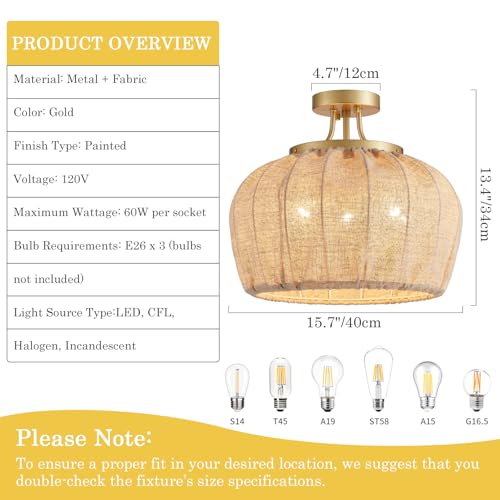 Cabvope Boho 15.7 Inch Ceiling Light Fixture Simple Fabric Woven Shade 3-Light Small Coastal Chandelier for Bedroom Hallway Kitchen Modern Farmhouse Close to Ceiling Lamp Golden Metal Frame — view 3