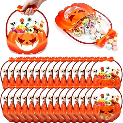 30 Pcs Halloween Treat Bags with Bow, 8.27' Pumpkin Self-Sealing Candy Bags