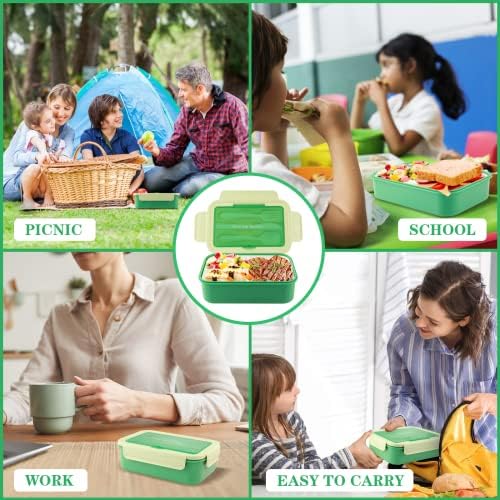 Uliya Bento Lunch Box Adults Kids 1400ML Containers with 3 Compartments Sandwich Box Leakproof BPA Free Bento Box with Spoon Fork Set for Work School Microwave Dishwasher Freezer Safe, Green