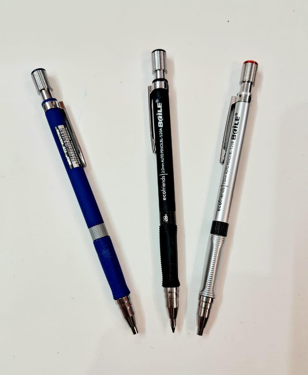 PSAHG Baile Mechanical Pencils Set with Refills, 0.5mm, Blue, Black and Silver, 3 pencil & 3 Refill set