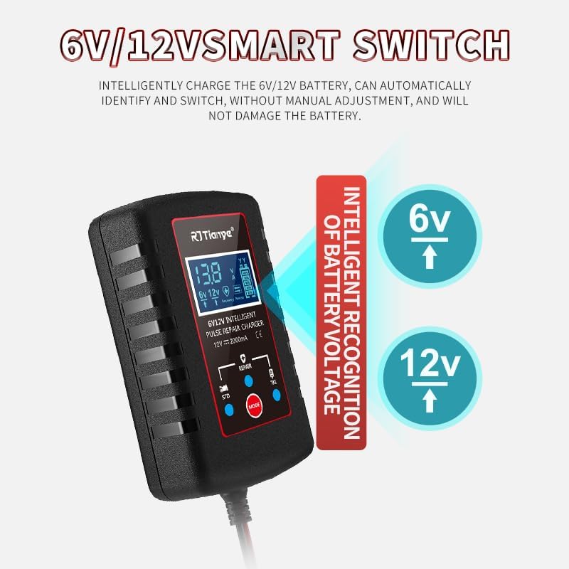 Charger display showing intelligent recognition of 6V or 12V battery voltage.