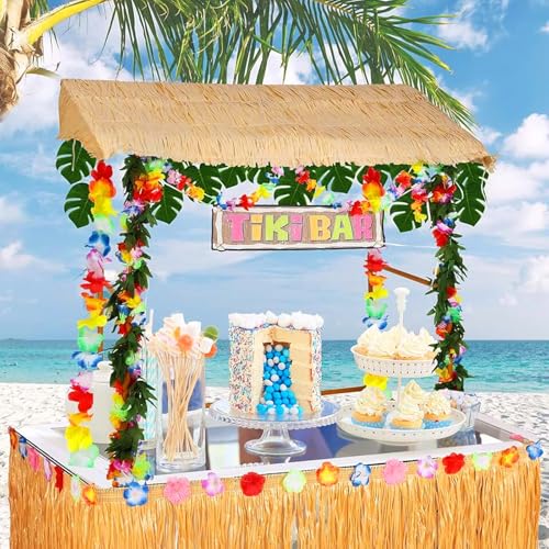 2 PCS Hawaii Tischrock, Hawaii Party Deko, Gras Tischrock mit Mehrfarbe Blumen, Hawaii Tischdekoration für Sommer Garden Beach Pool Party, Tropische Hawaii Party, Geburtstag Party, Party im Freien
