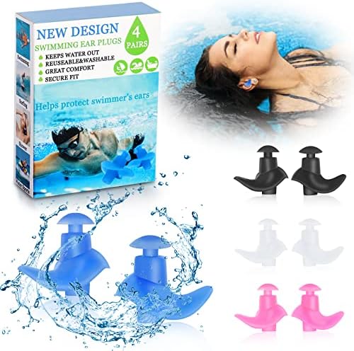 Swimming Ear Plugs for Adults, 4 Pairs Reusable Silicone Ear Plugs for Swimming, Waterproof Earplugs for Showering Bathing Surfing Snorkeling and Other Water Sports