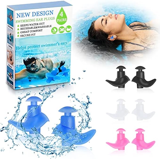Gyoroctea Swimming Ear Plugs for Adults, 4 Pairs Reusable Silicone Ear Plugs for Swimming, Waterproof Earplugs for Showering Bathing Surfing Snorkeling and Other Water Sports