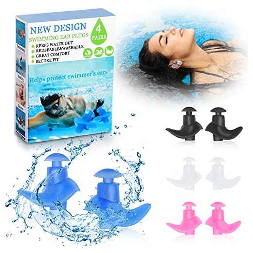 Swimming Ear Plugs for Adults, 4 Pairs Reusable Silicone Ear Plugs for Swimming, Waterproof Earplugs for Showering Bathing Surfing Snorkeling and Other Water Sports