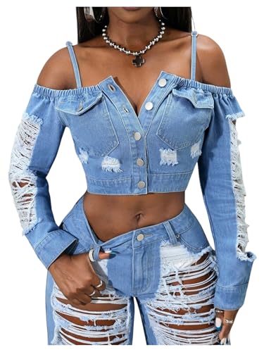 SweatyRocks Women's Cropped Denim Jackets Cold Shoulder Button Down Ripped