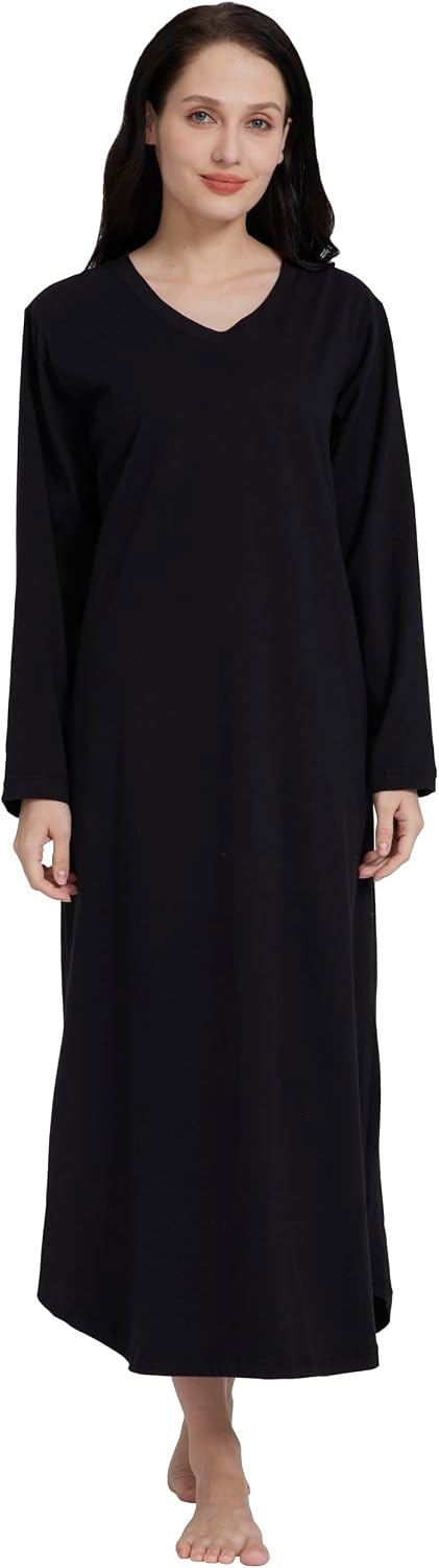 HiddenValor Womens Long Sleeve Nightgown V Neck Sleep Dress With Pockets