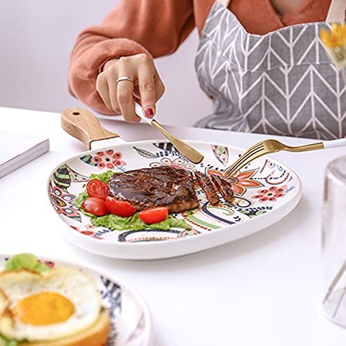Lucck Ceramic Serving Plates With Handle 8.2 Inch Unique Oval Dinner Plates Flower Pattern Matte Ceramic Baking Dish For Side Dish Dessert Steak Pasta #TOP5