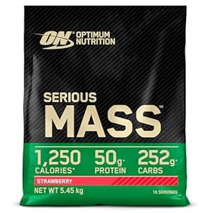 Optimum Nutrition Serious Mass Poudre de Protéine Gain de Masse Hautement Calorique avec 25 Vitamines et Minéraux, Créatine Monohydrate et Glutamine, Saveur Fraise, 16 Portions, 5.45 kg