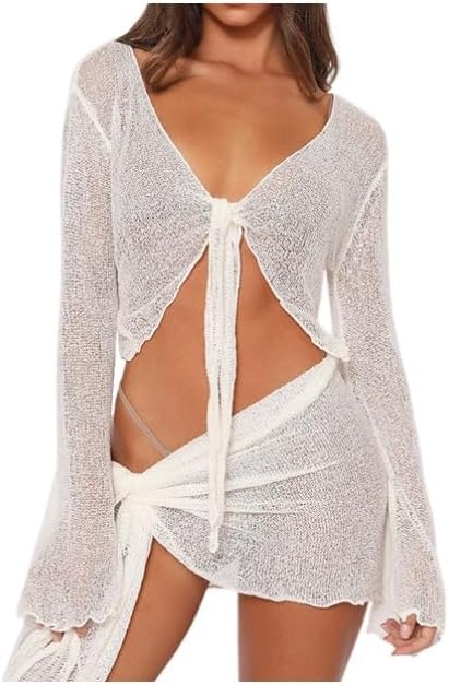 Women's Mesh Sheer See Through Two Piece Set Long Sleeve V Neck Tie Tops Slim Fit Short Skirts Vacations Outfit