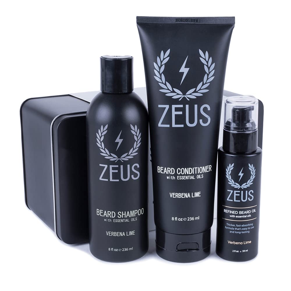 ZEUSBeard Starter Kit for Thick Beards, Natural Beard Shampoo, Beard Conditioner & Premium Refined Beard Oil (Verbena Lime) MADE IN USA