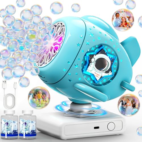 Image of Sitodier Rechargeable Bubble Machine, Automatic 360° Rotation Bubble Maker Toys with Light, Spaceship-shaped Bubble Blower for Kids Toddlers Boys Girls, Birthday, Parties, Wedding, Outdoor Activities
