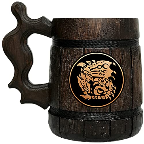 BeardedMugs-Monster-Hunter-World-Rathalos-Wooden-Beer-Mug-Personalized-MHW-Gamer-Tankard-Gift-For-Him-Stein-Wood-Gift-Husband-225-06L-22-ounces-Brown