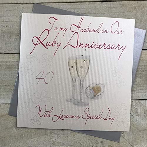 WHITE COTTON CARDS To My Husband, Handmade Large 40th Ruby Anniversary Card Champagne Glasses, XLWA40H