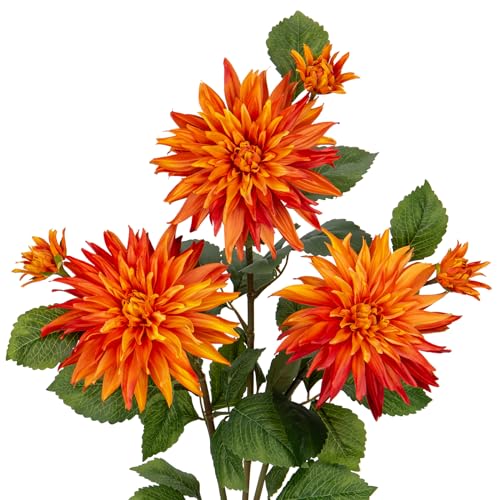 Hollyone 3Pcs Orange Fake Dahlia Flowers Fall Flowers Artificial for Decoration Silk Flower with Long Stem 28" Floral Arrangements Bouquets Autumn Faux Dahlias Centerpieces Fall Decorations for Home