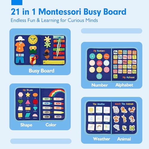 Image of hahaland Montessori Busy Board for Toddlers, Preschool Learning Activities | Life Skills, Alphabet, Number, Shape, Color, Animal, Weather, Toddler Boy Learning Educational Busy Book Airplane Travel Toy