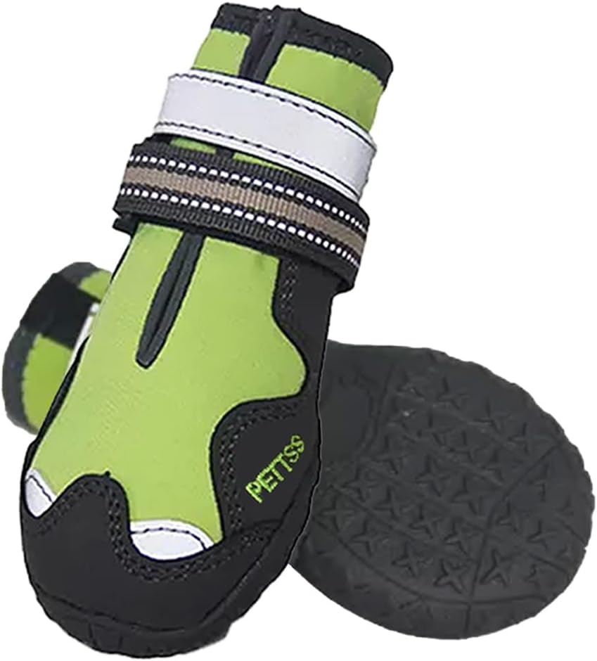 Waterproof Dog Boots Durable with Multiple Reflective Designs, Non-Slip, Set of 4 Shoes (Green, Size 5: 2.4''x2.9''(W*L) (Pack of 4))