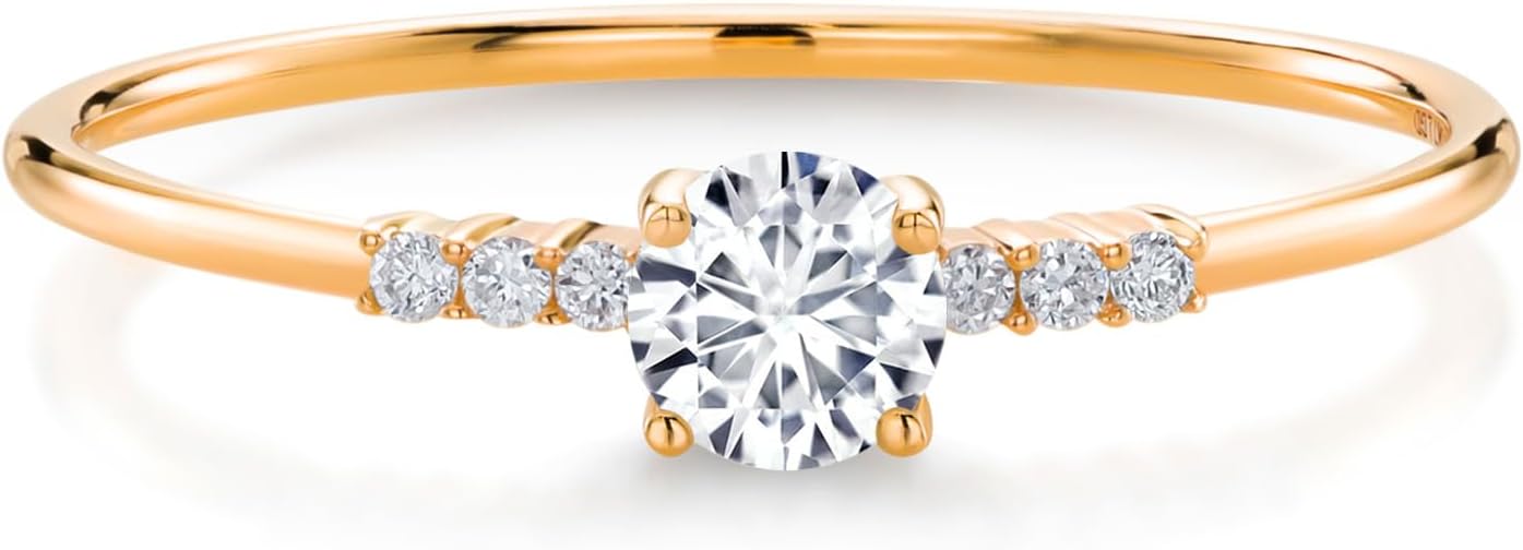 Gem Stone King 10K Yellow Gold 3.5MM Round Gemstone Birthstone and White Lab Grown Diamond Engagement Ring | Wedding Anniversary Promise Gold Ring For Women