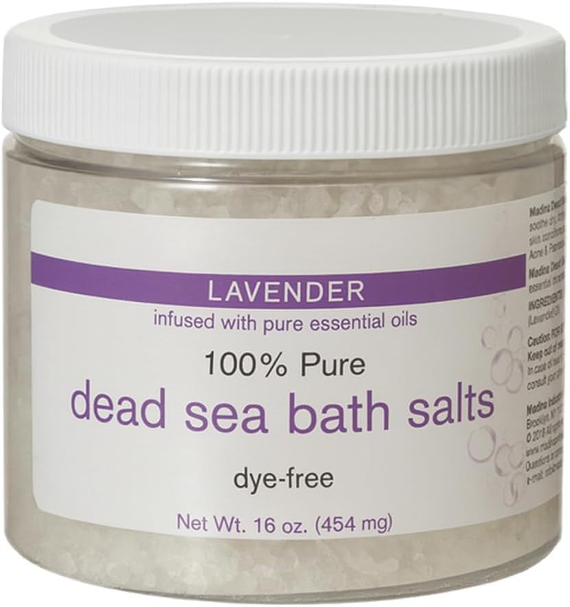 Lavender Dead Sea Bath Salts 16 oz 1 lb 100 Percent Pure Infused with Essential Oils Natural White Spa Grade Dye Free Mineral Rich Soak Soothes Muscles Relieves Stress Softens Skin Ideal for Bath
