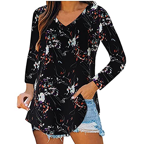 Women Blouse Tee Casual Plus Size V Neck Sweatshirt Long Sleeve Breathable Lightweight Workout Pullover Black #TOP12