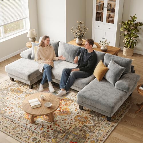 Image of Txtin's Sleeper Sofa with Pull Out Couch Bed | 112 Inch Couches for Living Room | U-Shaped Convertible Sofa Bed | Chenille Light Grey