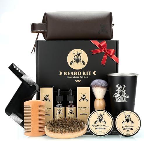 Beard Kit Gifts for Men, Christmas Birthday Gifts for Him Men Dad Boss Husband, Grooming & Trimming Tool Complete Set, Beard Care Kit with 2 Beard Oil/Balm/Brush/Comb/Shaving Soap/Cup&Storage Bag