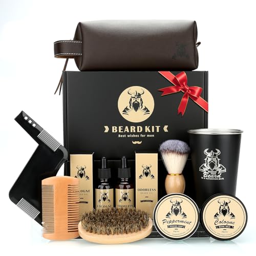 EXREIZST Upgraded Beard Grooming Kit for men,Beard Care Kit for men,with 2Beard Growth Oil,Balm,Brush,Comb,Shaving Soap,Cup&Storage,suitable for Dad Gifts for Men Him Husband Boyfriend