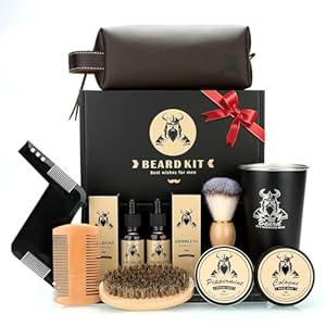 Beard Kit Gifts for Men, Father’s Day Birthday Gifts for Men Dad Him, Grooming & Trimming Tool Complete Set, Beard Care Kit with 2 Beard Growth Oil/Balm/Brush/Comb/Shaving Soap/Cup&Storage Bag
