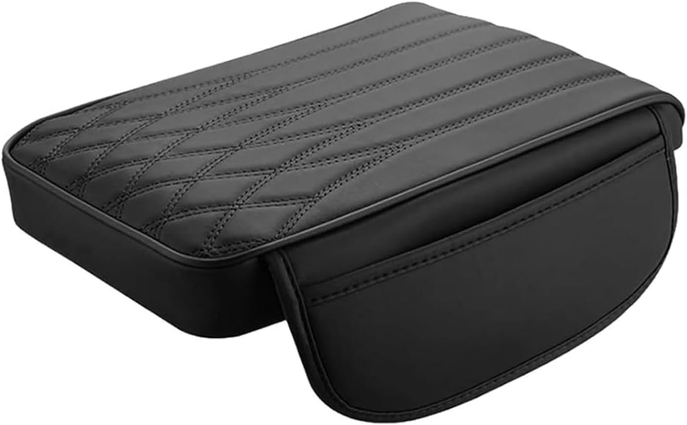 Center Console Cover, Leather Car Armrest Pad with Storage Bag, Non-slip Arm Rest Cover for Car, Universal for Vehicle Interior Protection Accessories (Black)