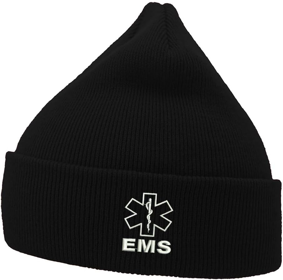 Beanie Men Women - EMS Emergency Medical Services Embroidered Unisex Winter Cuffed Skull Knit Hat Cap