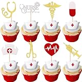 32 PCS Nurse Cupcake Toppers Glitter Nursing School Graduation Cupcake Picks Medical Rn Nurse Grad Themed Birthday Baby Shower Party Cake Decorations Supplies
