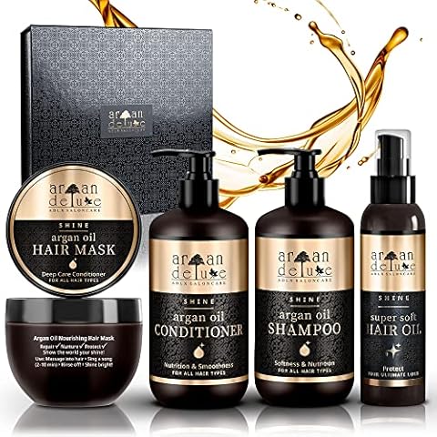 Argan Deluxe Haarpflege Set für Damen und Männer - Arganöl Shampoo, Conditioner, Haaröl, Haarmaske - Geschenkset Arganöl aus Marokko in Friseurqualität zum Valentinstag & Geburtstag Cover