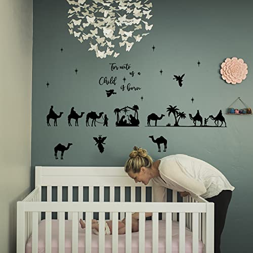 Superdant Christmas Nativity Scene Wall Decor Stickers Unto Us A Child Is Born Nativity Vinyl Wall Decal Camel Vinyl Wall Stickers Mural Self-Adhesive Diy Wall Art Decor For Xmas Baby Room Decor #TOP3