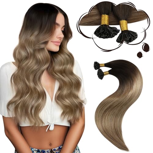 Image of Moresoo U Tip Human Hair Extensions, Brown Honey Blonde Balayage, 14 Inch | 40g 50 strands, keratin bonded tips for stylist installation, soft straight hair supports curling and straightening