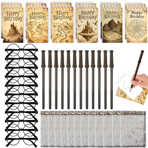 Wizard Stationery Party Geschenke mit 12 Geschenk-Taschen 12 Magic Wands Bleistifte 12 Notizbücher 12 Rahmen Gläser für Hexe Geburtstag Party Favors Goodie Bag Fillers Schule Belohnungen Set
