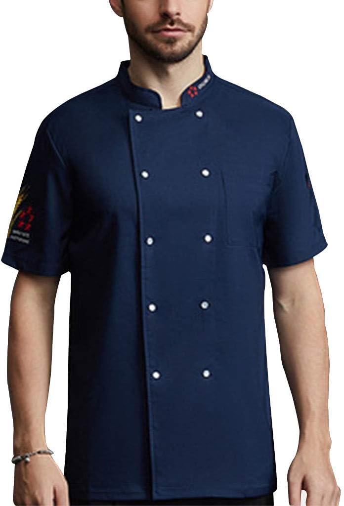Unisex Chef Coat Jacket Cooking Uniform Short Sleeves Lightweight Button (Color : Blue, Size : XLarge)