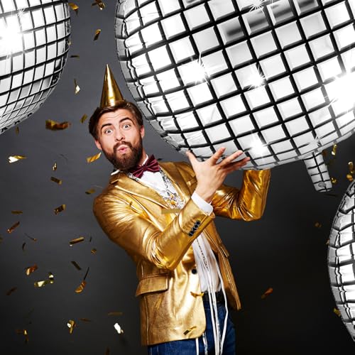 Image of Leitee 6 Pcs Big Disco Ball Balloon 70s Disco Balloons Party Decoration Large 4d Aluminum Foil Inflatable Ball Giant Silver Metallic Mirror Decor for Baby Shower Wedding Birthday Dance Party (50 in)