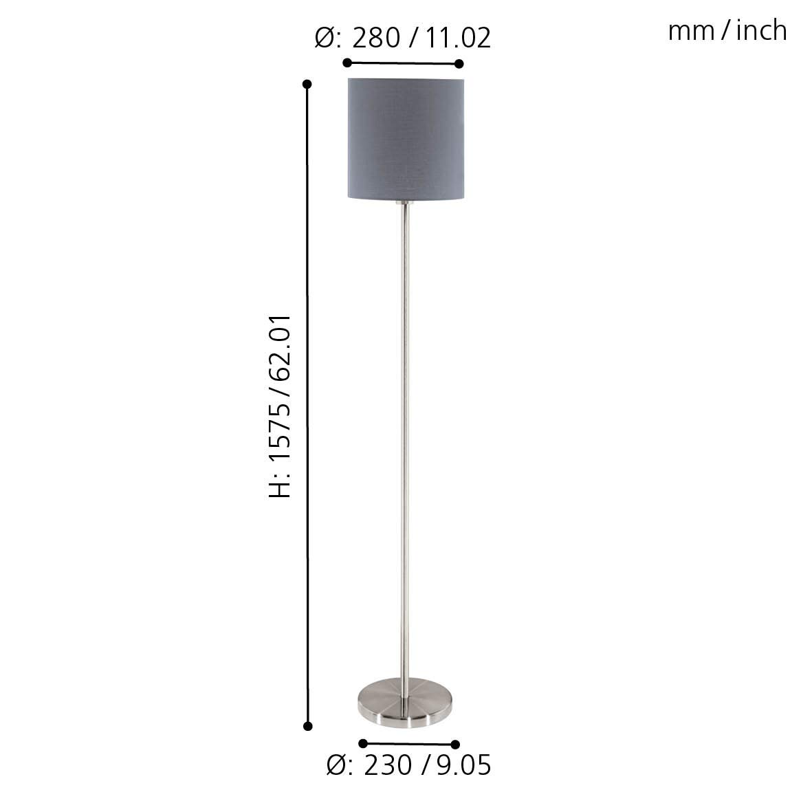 EGLO Stehlampe Pasteri, 1 flammige Textil Stehleuchte | Standleuchte aus Stahl und Stoff, Farbe: Nickel matt, grau, Fassung: E27, inkl. Fußschalter