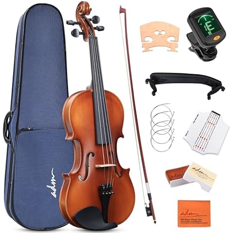 ADM 4/4 Full Size Wood Violin Set for Kids Teens Students Adults Beginner Acoustic Violin Matte Fiddle Starter Kit with Hard Case, Rosin, Shoulder Rest, Bow, Clip-on Tuner and Fingerboard Sticker Cover