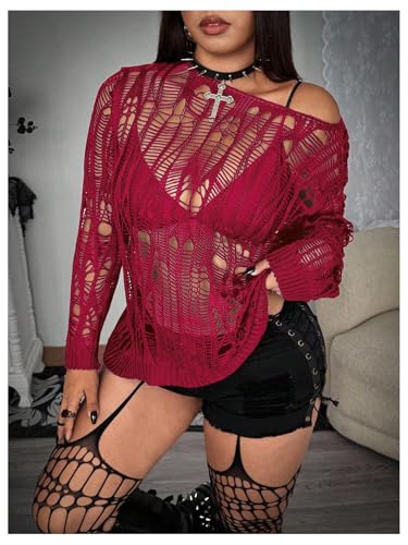 Image of RoseSeek Women's Plus Size Y2K Cut Out Long Sleeve Punk Sweater See Through Knitwear Open Knit Grunge Tops