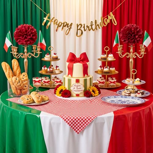 Image of Hahafelt 3 Pcs Italian Flag Plastic Tablecloth 84 Inch Round Red White and Green Disposable Table Cover Italy Circular Table Cloth for Italy Family Gathering Kitchen Decoration