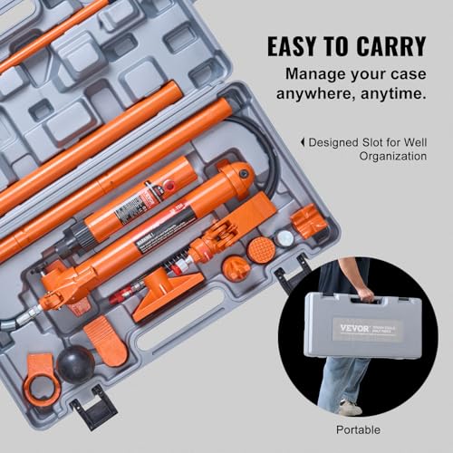 Image of VEVOR Porta Power Kit, 12 Ton Load, Portable Hydraulic Jack with 4.6 ft Extended Oil Hose, Long Handle Design, Auto Body Frame Repair Kit with Portable Storage Case for Car Repair, Truck, Farm