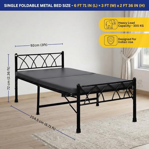 Image of DELITE KOM Mario Foldable Metal Single Bed (6.7x3ft) with Mattress | No Install | 1 Year Warranty | Strong Metal Single Bed, 204.5 cm x 92 cm (6.71 ft x 3.02 ft) (Finish Color - Black