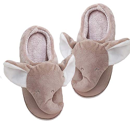 Pantoufles d'animaux de Dessin animé Chaud Hiver Adulte, Pantoufles en Mousse à mémoire, Pantoufles d'éléphant, Pantoufles antidérapantes intérieures et extérieures,37-38,Khaki Cover