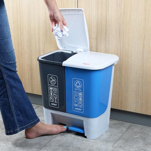 Image of Nayasa 2 in 1 Pedal Dustbin Bold - 25 L (12.5 L Each) | Twin Compartment Wet & Dry Waste Bin | Durable Plastic Pedal Bin for Home, Kitchen & Bathroom | Blue & Grey