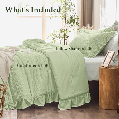 Image of JOLLYVOGUE Sage Green Twin Size Comforter Set, 2 Pieces Seersucker Lightweight Fluffy Bedding Set, Twin Ruffle Comforter, All Season Soft Microfiber Shabby Chic Bed Set