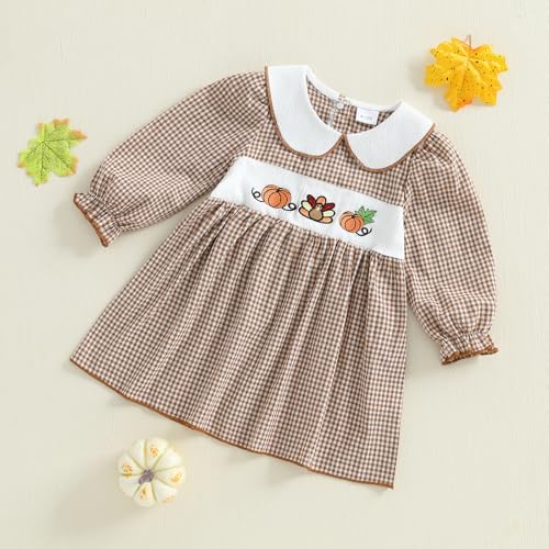 Toddler Baby Girl Thanksgiving Outfit Pumpkin Turkey Dress Ruffle Smocked Collared Bubble Gingham Dresses3