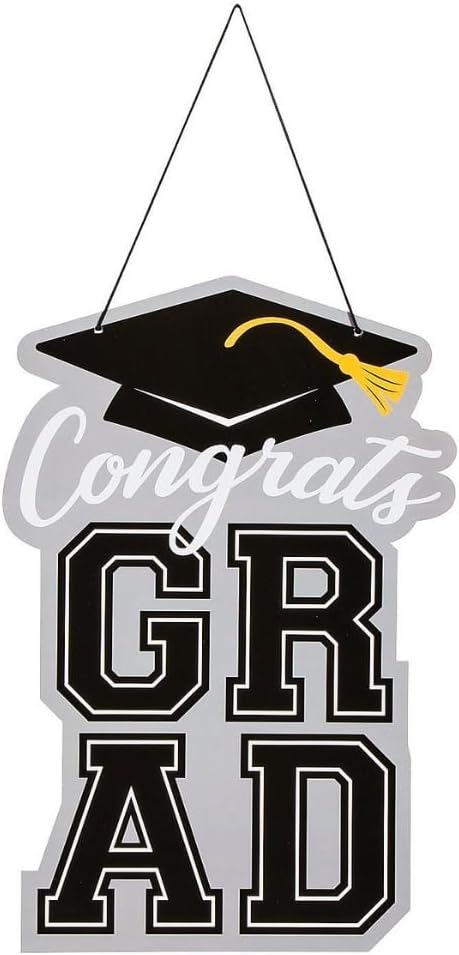 Fun Express Congrats Grad Foam Hanging Sign - 12" x 18" Black & Silver - Perfect Graduation Decoration for a Special Celebration