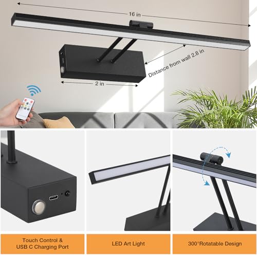 Image of 16 in Picture Light, 5000mAh Battery Operated, Timer Cordless Art Lights for Paintings, Remote Control&Touch, Black, Gallery Dartboard Art Bedroom Bathroom